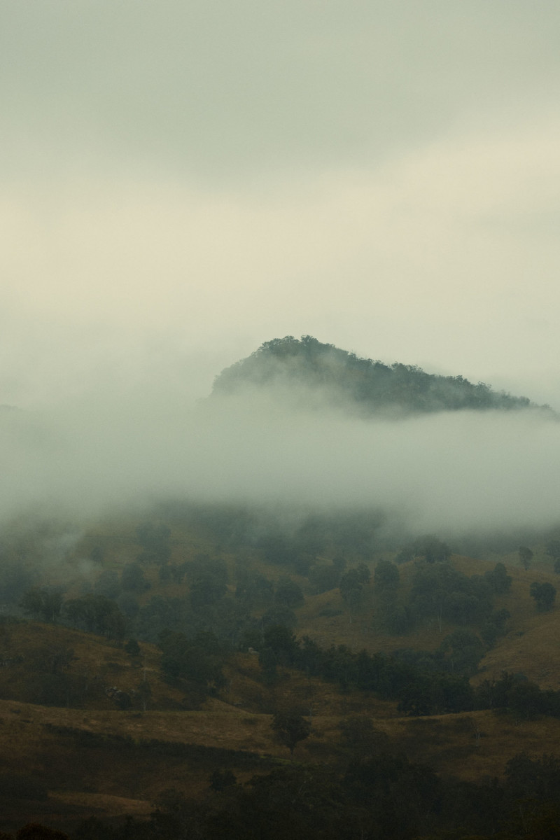 Landscape photograph of rolling hills covered in a dense fog, featuring a hilltop barely visible through the heavy mist.