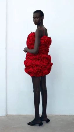 Model in a red rose-textured dress, full shot against a white backdrop, studio lighting, fashion editorial, elegant, and captivating.