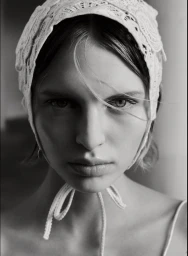 Close-up portrait of a model wearing a white lace bonnet with tied ribbons under the chin against an out-of-focus background.