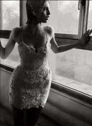 Model wearing a lace dress and matching bonnet standing by a window in monochrome