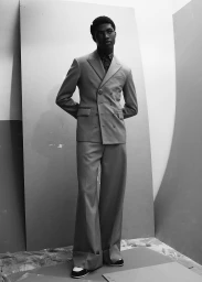 Black and white editorial portrait of a young man wearing a double-breasted suit and trousers in a studio setting.