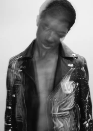 Black man wearing a painted black leather jacket in a double exposure portrait for Icon Magazine Australia