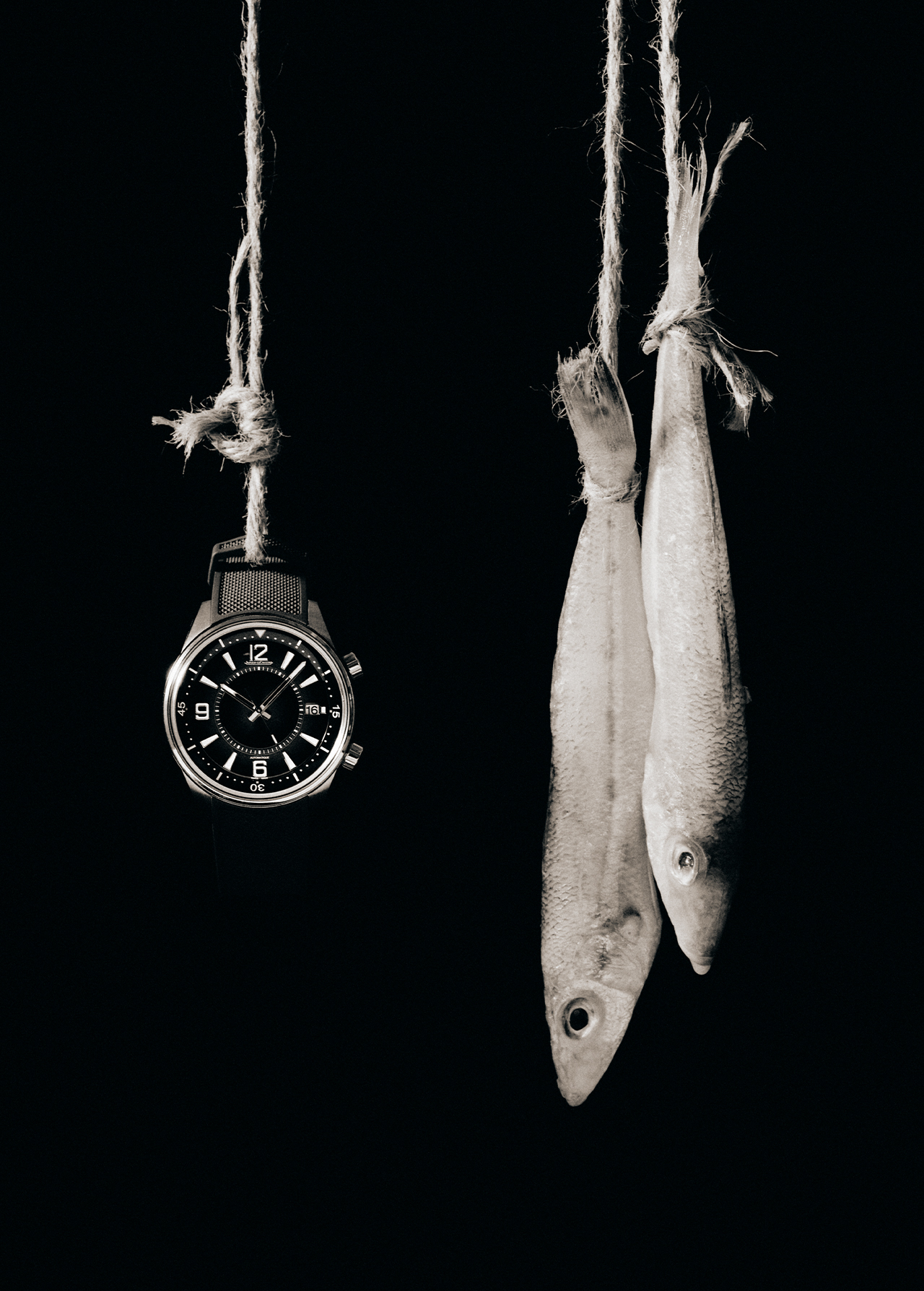 Dramatic monochrome still life of a wristwatch and two fish hanging from twine against a stark black backdrop.