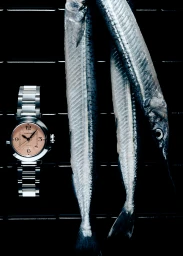 Stainless steel wristwatch with a salmon dial positioned next to three whole silver fish on a dark grid surface.