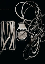 Wristwatch laid flat beside a transparent plastic container of bait fish and a coiled patterned rope