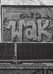 Black and white editorial image featuring spray-painted graffiti on a metal roller shutter door with a protective barrier.