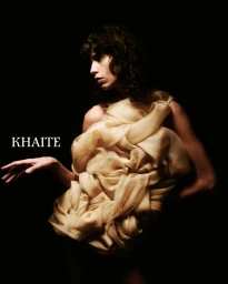 Model Mica Argañaraz wearing draped neutral fabric for Khaite S/S 2025 campaign photographed by Drew Vickers against a dark background