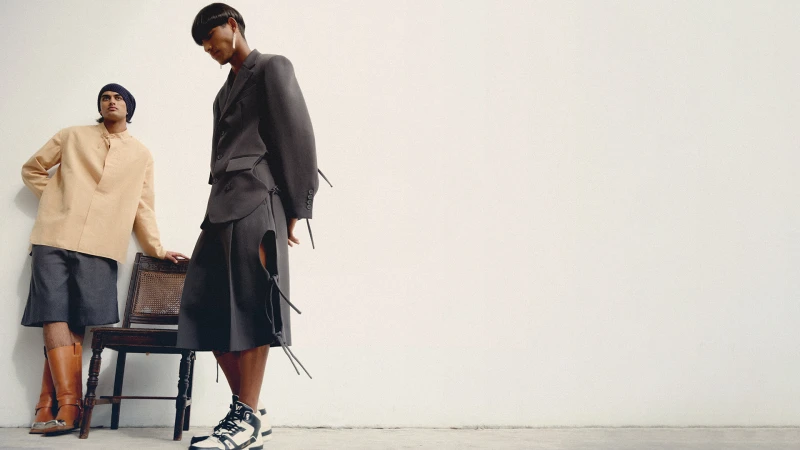 Two male models posing against a white wall, one wearing a grey blazer and skirt, the other in a beige shirt and boots near a wooden chair.