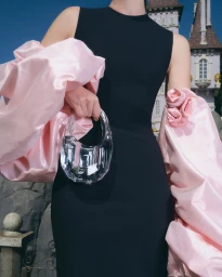 Model in black dress with pink sleeves holding clear glass handbag in front of a castle