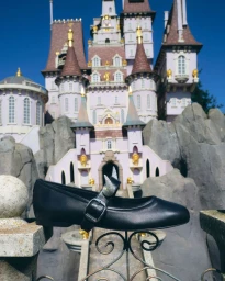 Black Mary Jane flat shoe with embellished buckle placed on an ornate balustrade before a fairy tale castle
