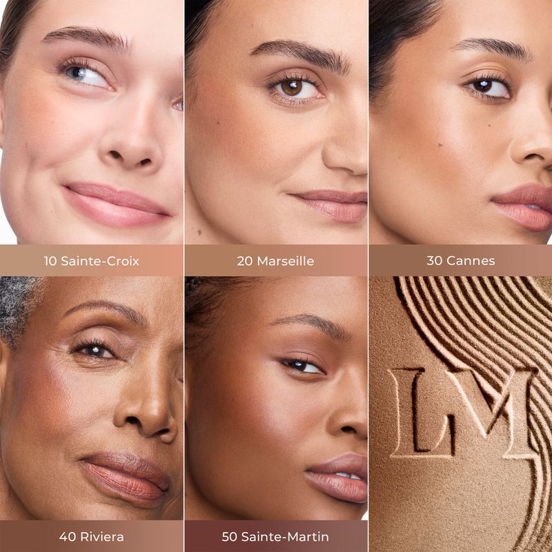 Close-up compilation of diverse women's faces showcasing different makeup shades, presented against a neutral background with product names.