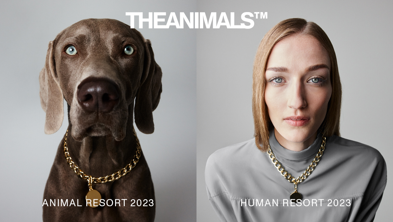 Dog and woman wearing gold chain necklaces in a side-by-side studio portrait for THEANIMALS™ 'Animal Resort 2023' and 'Human Resort 2023'.