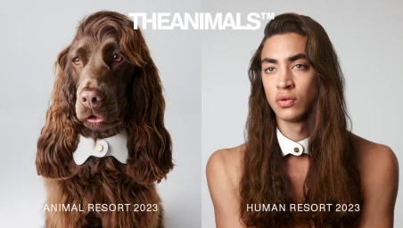 Split image showing a brown dog on the left and a long-haired man on the right, both wearing identical white collars on a white background.