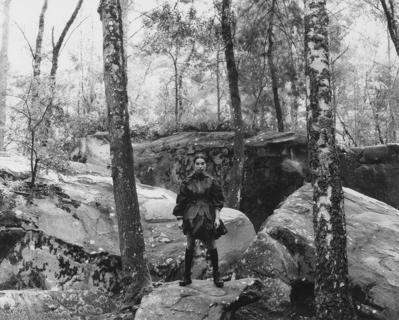 Woman in fantasy costume poses on a rock in a black and white forest scene with bare trees and a rocky landscape.