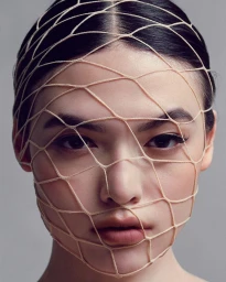 Close-up portrait of a woman wearing a beige fishnet veil draped across her face against a neutral grey studio background
