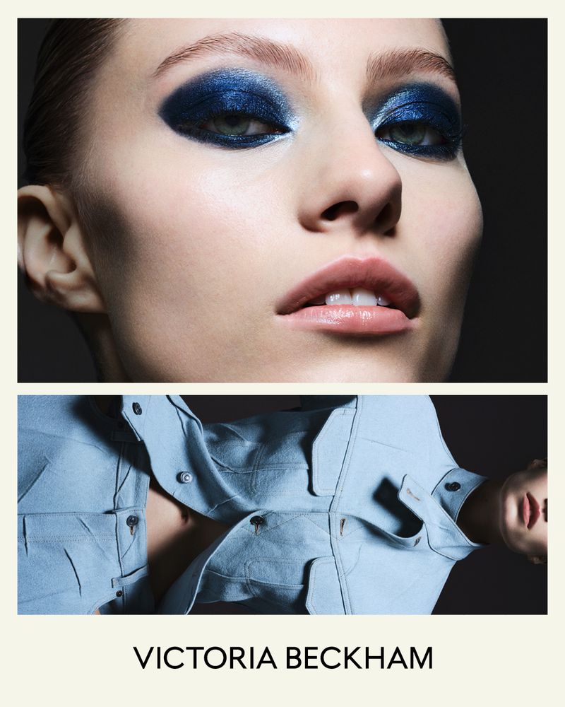 Close-up of a model with blue eyeshadow and a light blue collared shirt, showcasing a beauty and fashion advertisement.