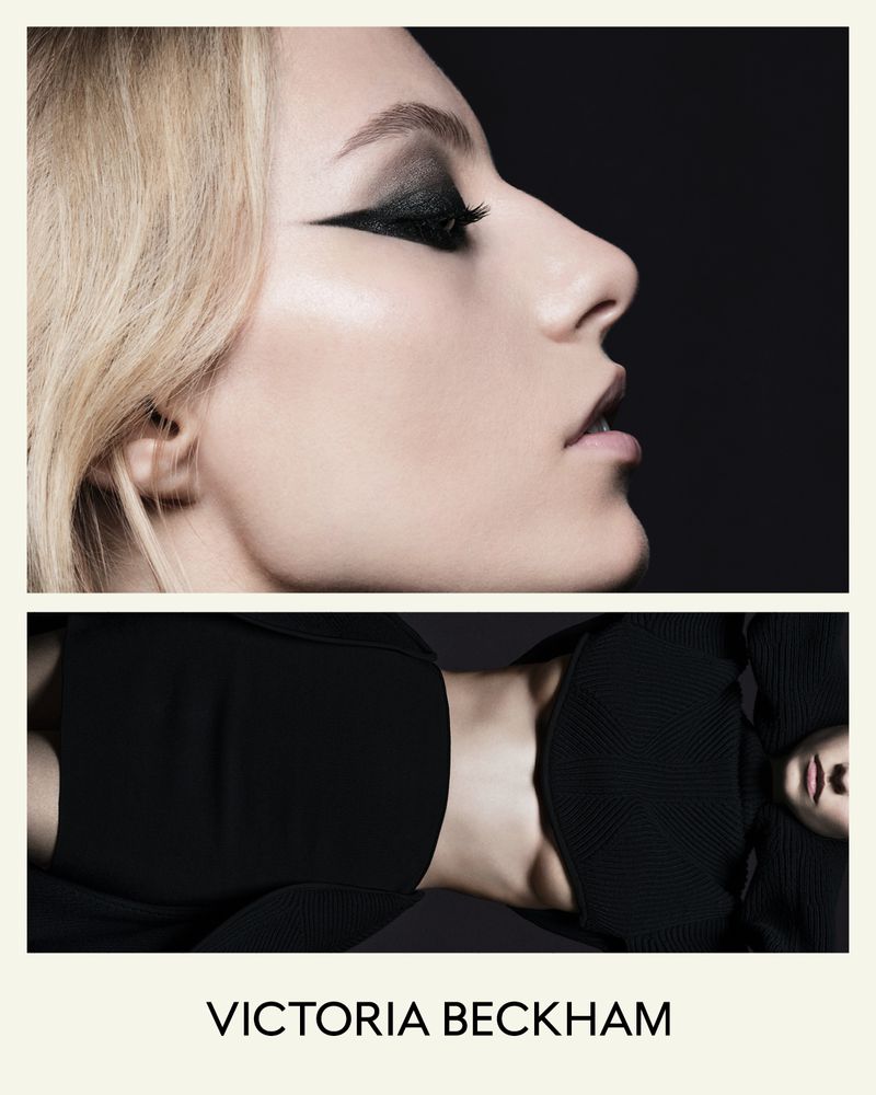 Close-up profile of a woman with dramatic eye makeup, contrasted with an inverted view of her torso in a minimalist style.