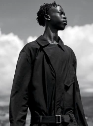 Young Black man wearing a dark collared jacket against an open sky with clouds