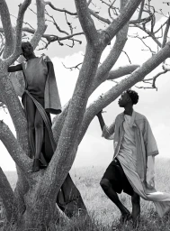 Black and white fashion editorial photograph of Adut Akech and Bior Akech posing in a large gnarled tree for Vogue Australia.