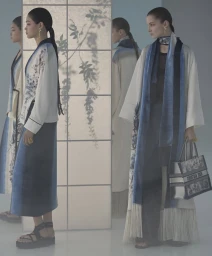 Two female models wearing patterned robes and carrying a Dior handbag in front of a glowing panel with botanical shadows.