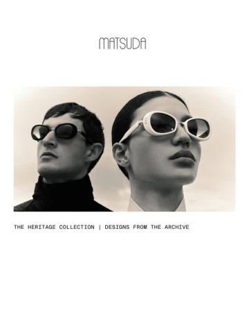 Two models wearing Matsuda sunglasses in a studio setting, showcasing retro-style eyewear and minimalist fashion against a neutral backdrop.